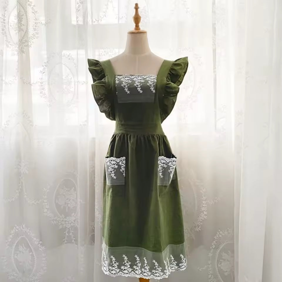 Washed Cotton Linen Lace Aprons Cooking Kitchen Aprons Flower Shop Garden Ruffles Work Clean Apron for Woman Overalls Dress