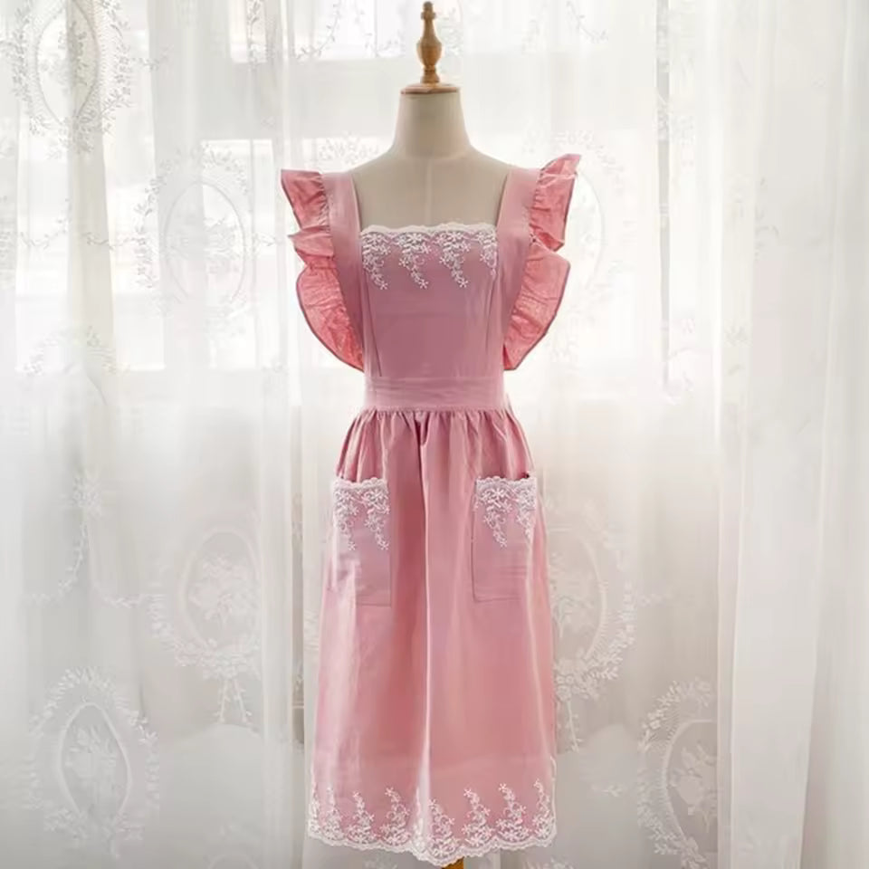 Washed Cotton Linen Lace Aprons Cooking Kitchen Aprons Flower Shop Garden Ruffles Work Clean Apron for Woman Overalls Dress