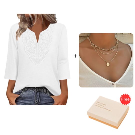 ☀️👚Top Pick - Lace-Trim V-Neck Blouse – Breathable Fabric & Flattering Drape for Work or Weekend 🌿