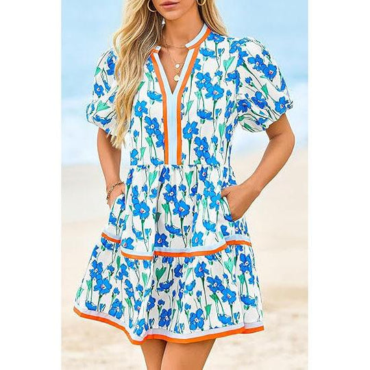 ⏰Summer Hot Sale 50% OFF💃Women's V Neck Floral Short Puff Sleeve Patchwork Casual Boho Mini Dress👍✨Soft Fabric & Comfortable Fit