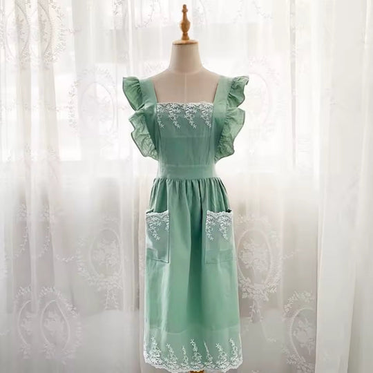 Washed Cotton Linen Lace Aprons Cooking Kitchen Aprons Flower Shop Garden Ruffles Work Clean Apron for Woman Overalls Dress