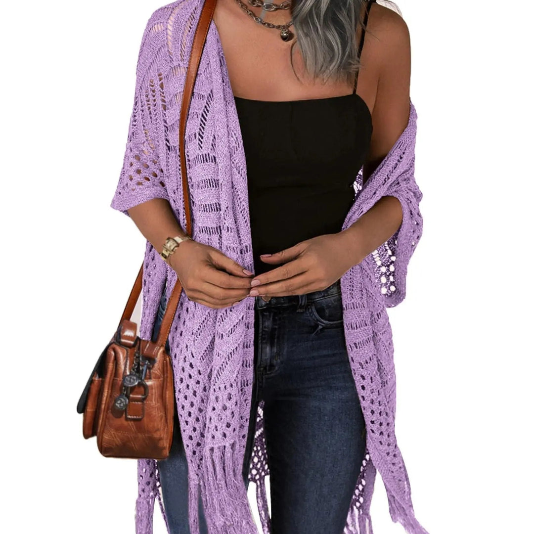 Women’s Oversized Knit Cardigan – Lightweight Crochet Tassel Kimono for Spring & Summer 🌸