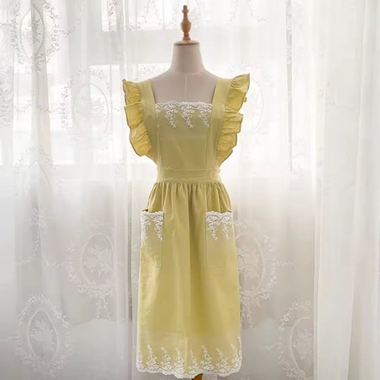 Washed Cotton Linen Lace Aprons Cooking Kitchen Aprons Flower Shop Garden Ruffles Work Clean Apron for Woman Overalls Dress