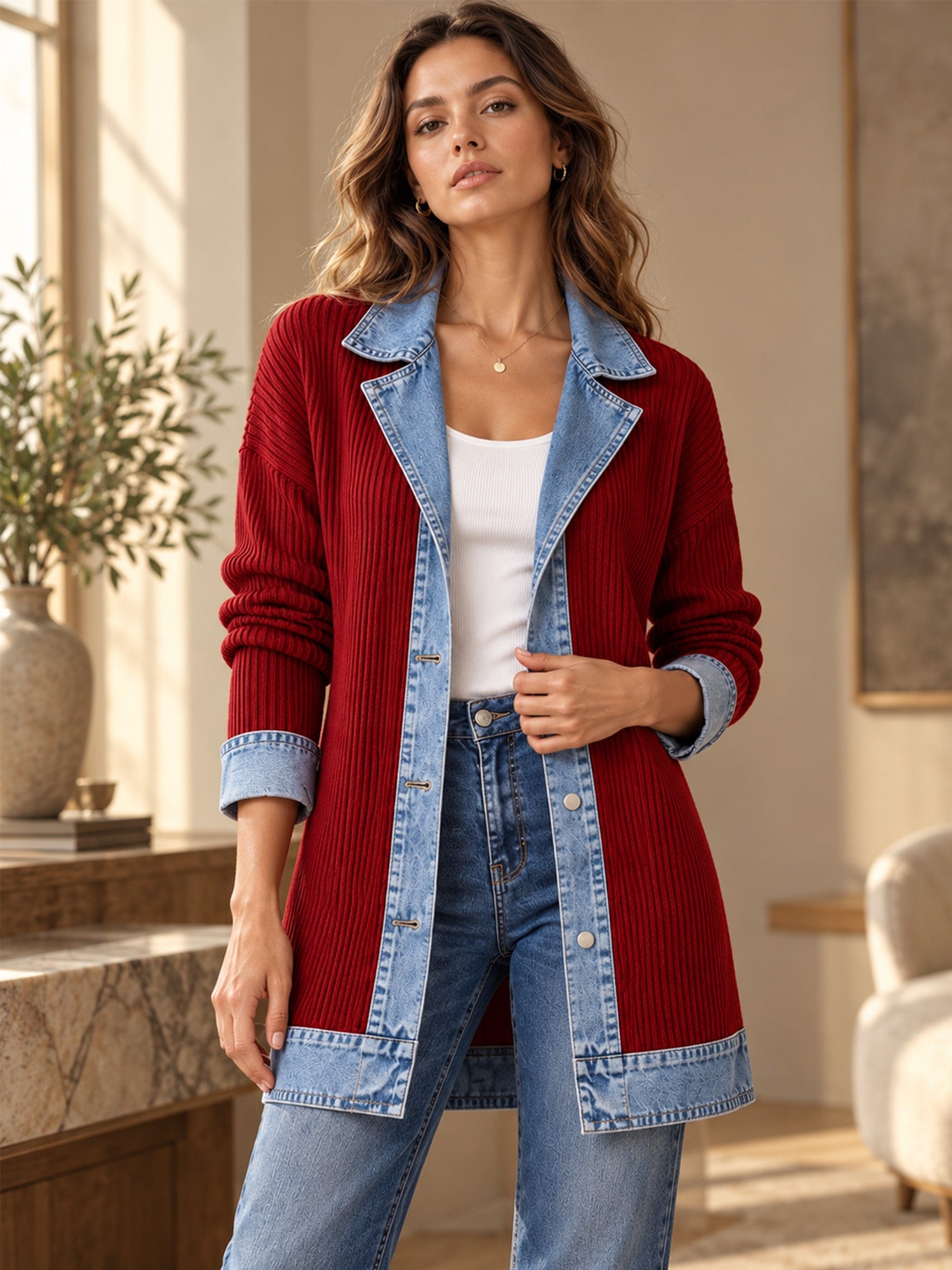⌛Limited-Time Offer-Women’s Elegant Denim Spliced Ribbed Knit Coat