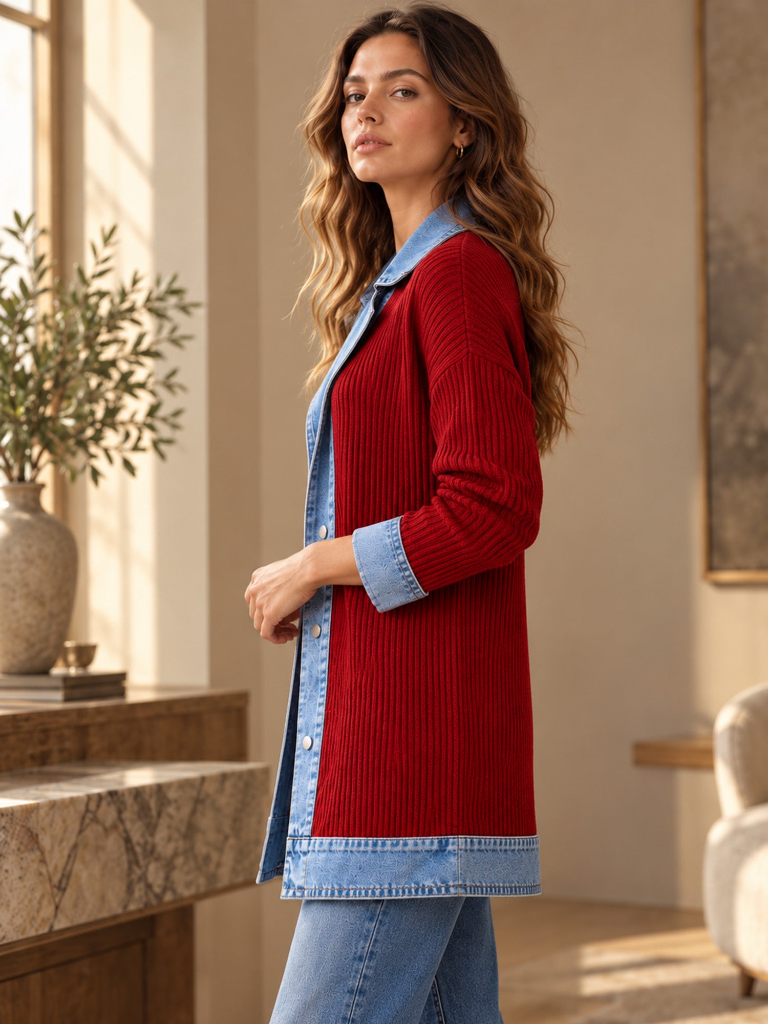 ⌛Limited-Time Offer-Women’s Elegant Denim Spliced Ribbed Knit Coat