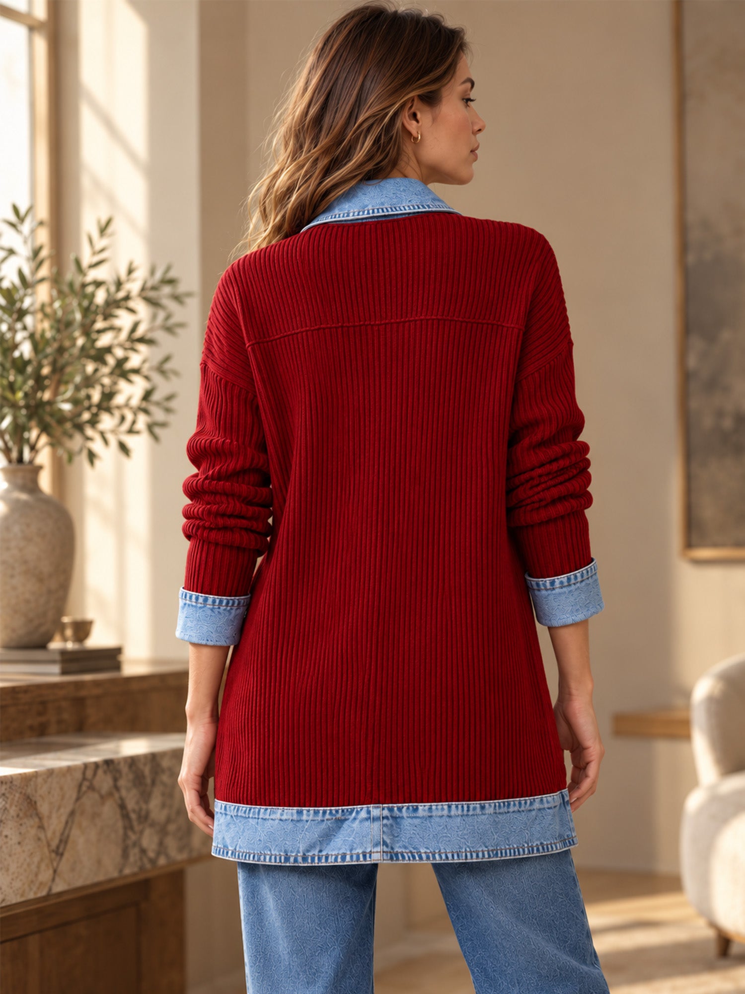⌛Limited-Time Offer-Women’s Elegant Denim Spliced Ribbed Knit Coat