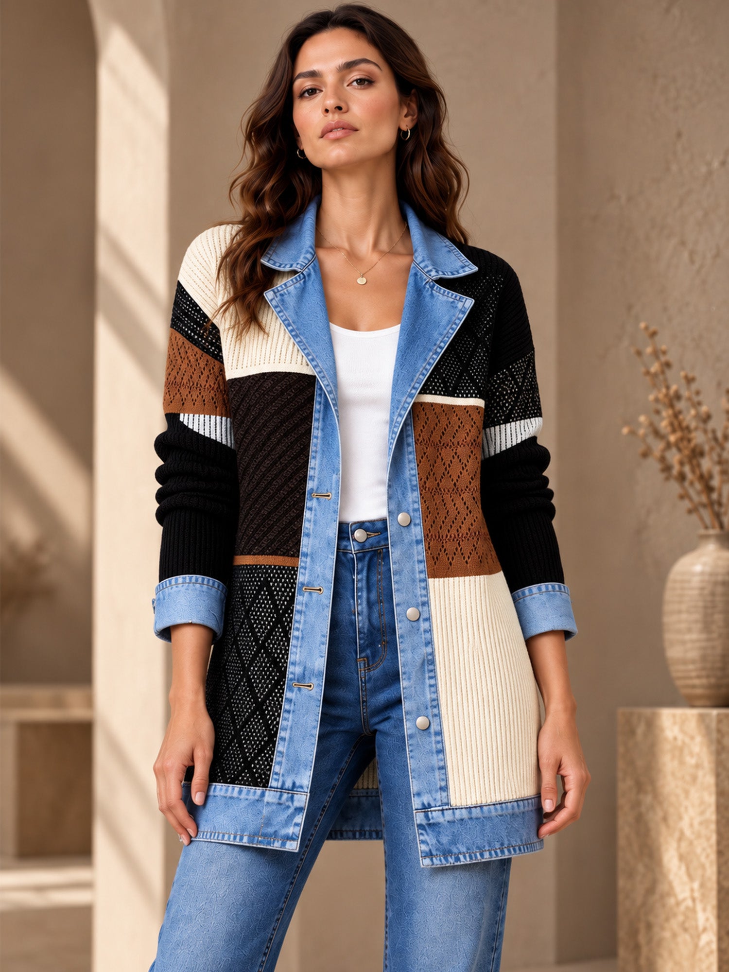 ⌛Limited-Time Offer-Women’s Elegant Denim Spliced Ribbed Knit Coat