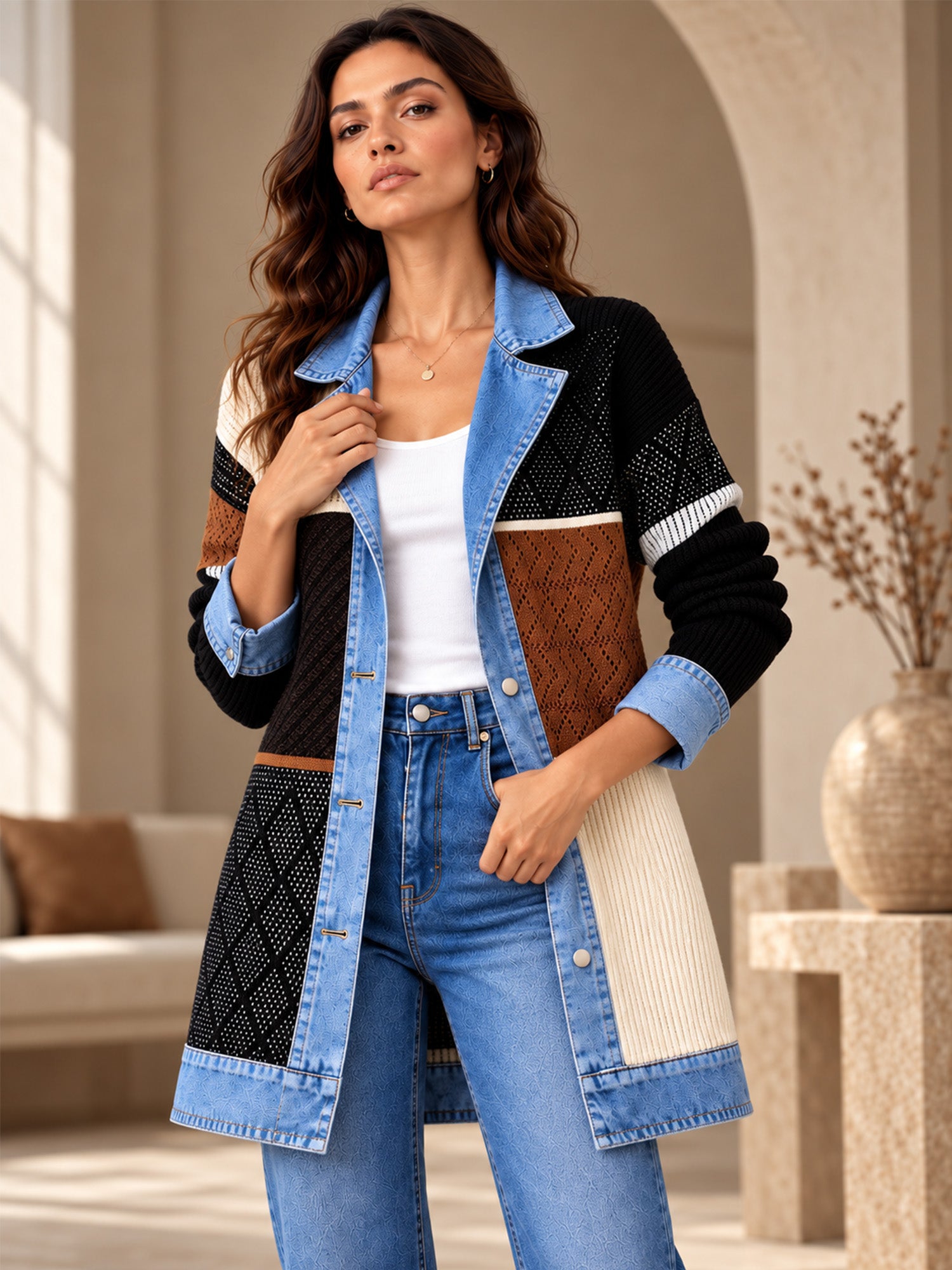 ⌛Limited-Time Offer-Women’s Elegant Denim Spliced Ribbed Knit Coat