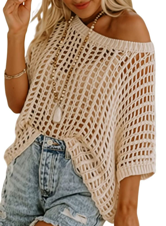 Womens Summer Scoop Neck ShortSleeve Sweater Casual Crochet Hollow Out Knit Top