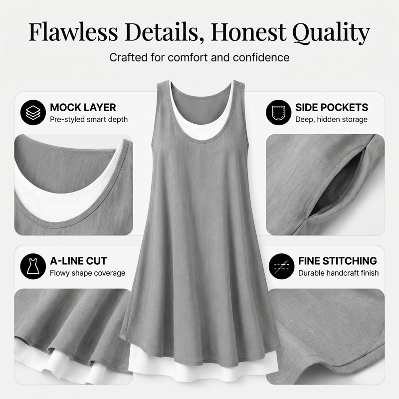 💃 Last Day Sale 50% Off 💐 Women's Casual Loose Sleeveless Fake Two Piece Tank Dress