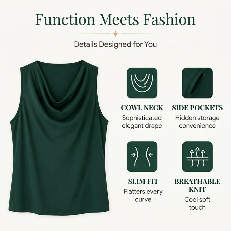 📢📢50% OFF !! ⏰ Elegant Slim Fit Cowl Neck Dress – Sleeveless, Side Pockets, Versatile ✨