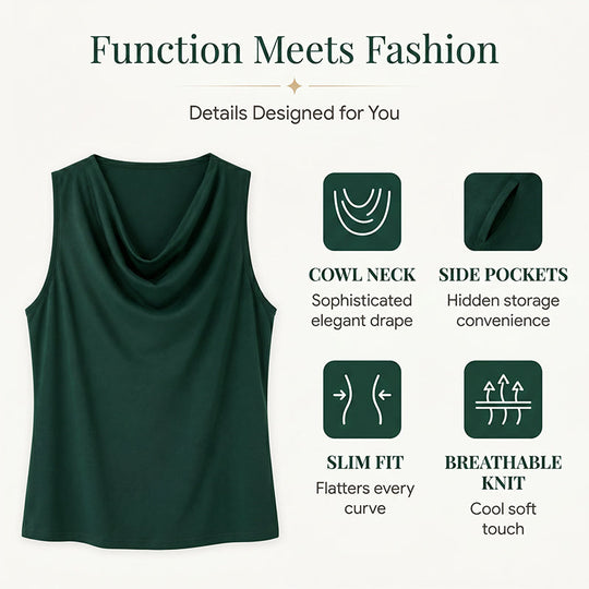 📢📢50% OFF !! ⏰ Elegant Slim Fit Cowl Neck Dress – Sleeveless, Side Pockets, Versatile ✨