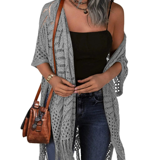 Women’s Oversized Knit Cardigan – Lightweight Crochet Tassel Kimono for Spring & Summer 🌸