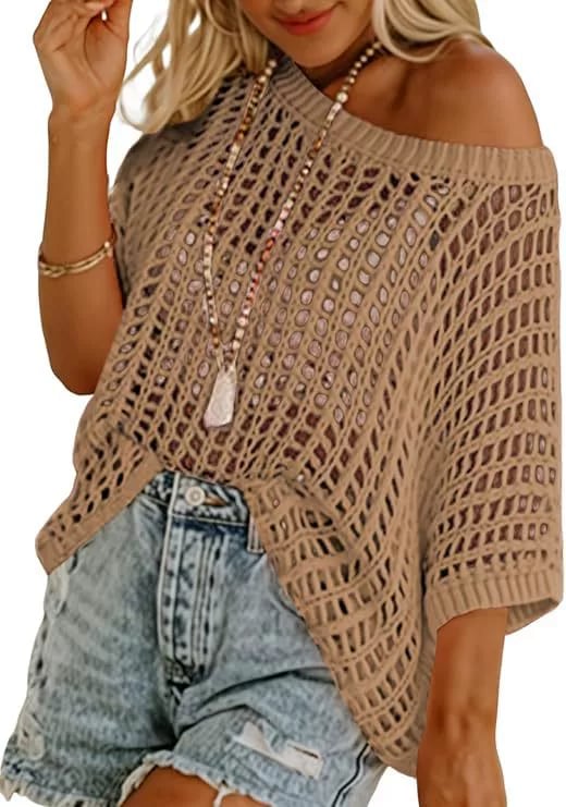 Womens Summer Scoop Neck ShortSleeve Sweater Casual Crochet Hollow Out Knit Top