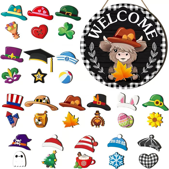 🍁Julens bästa dekorationer🎄Utbytbar välkomstskylt i trä för tomte🎈