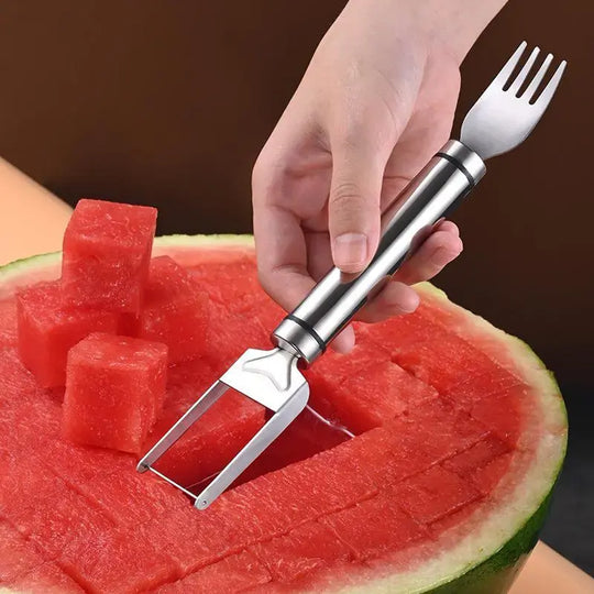 【2 Count】Watermelon Fork Slicer Cutter SlicerTool,2-in-1 Stainless Steel Fruit Cutter,Dual Head Fruit Forks Slicer Knife with Round Handle,Fruit Cutting Kitchen Utensils,Portable Modern,MirrorZone.smartliving