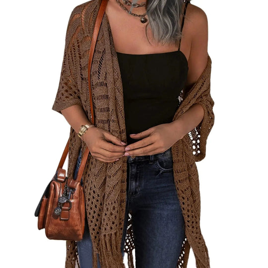 Women’s Oversized Knit Cardigan – Lightweight Crochet Tassel Kimono for Spring & Summer 🌸