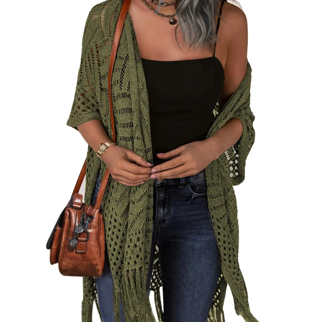 Women’s Oversized Knit Cardigan – Lightweight Crochet Tassel Kimono for Spring & Summer 🌸