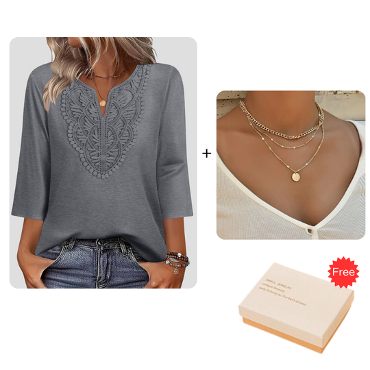 ☀️👚Top Pick - Lace-Trim V-Neck Blouse – Breathable Fabric & Flattering Drape for Work or Weekend 🌿