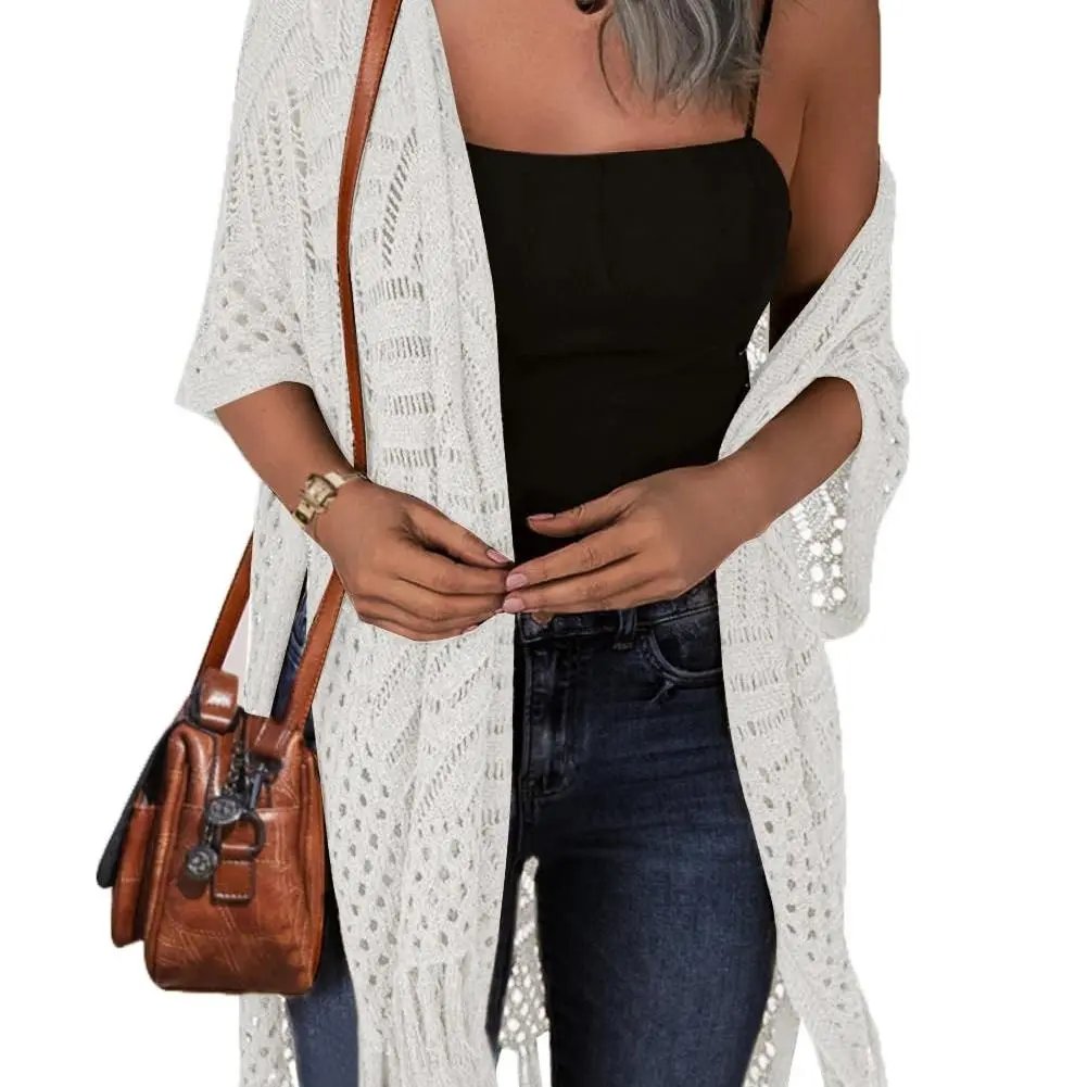 Women’s Oversized Knit Cardigan – Lightweight Crochet Tassel Kimono for Spring & Summer 🌸