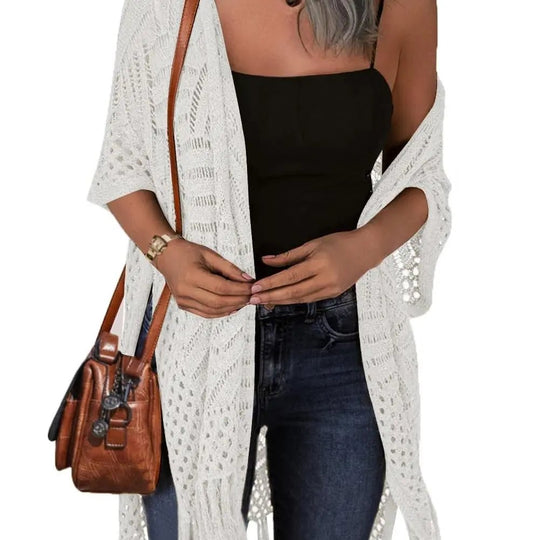 Women’s Oversized Knit Cardigan – Lightweight Crochet Tassel Kimono for Spring & Summer 🌸