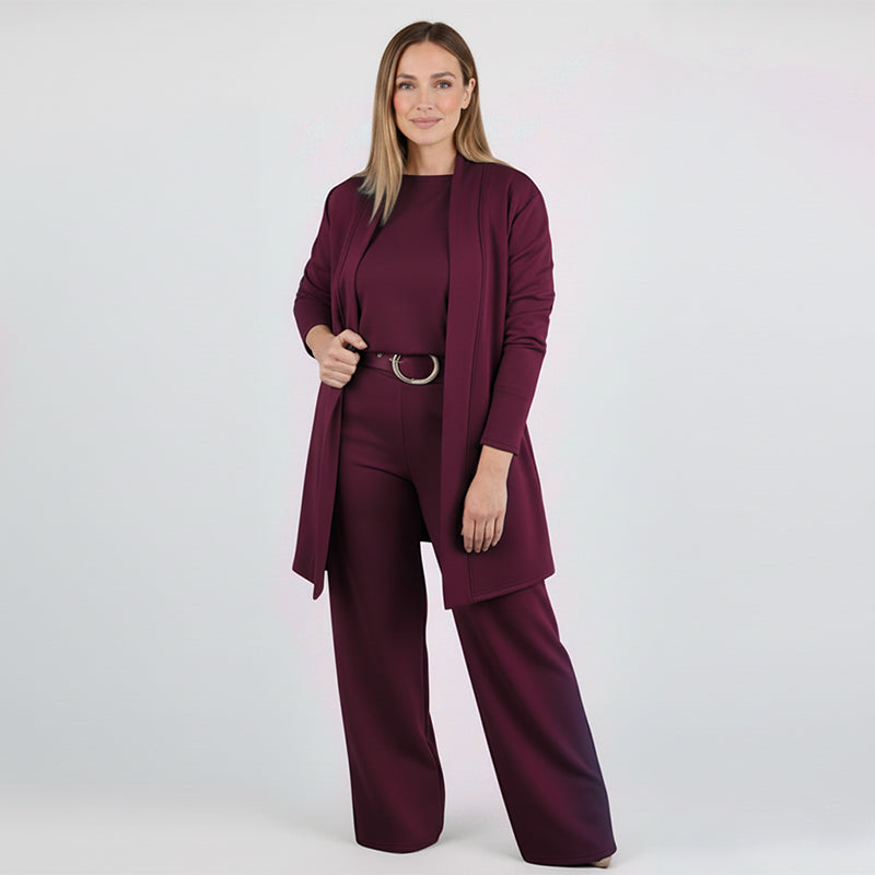 🎉Vânzare fierbinte 50% reducere🥳Set elegant de 3 piese pentru cardigan lung – Material moale, top elegant & Pantaloni pentru naveta la birou & Ieșiri zilnice