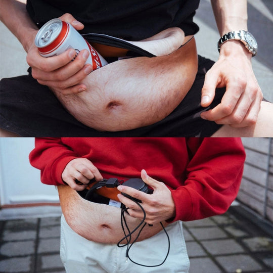 🥳Dadbag | Realistic Fake Beer Belly Bum Bag | Funny Dad Bod Waist Pack | Novelty Gag Gift for Men | With Belly Button & Hairy Chest | Adjustable Black Strap