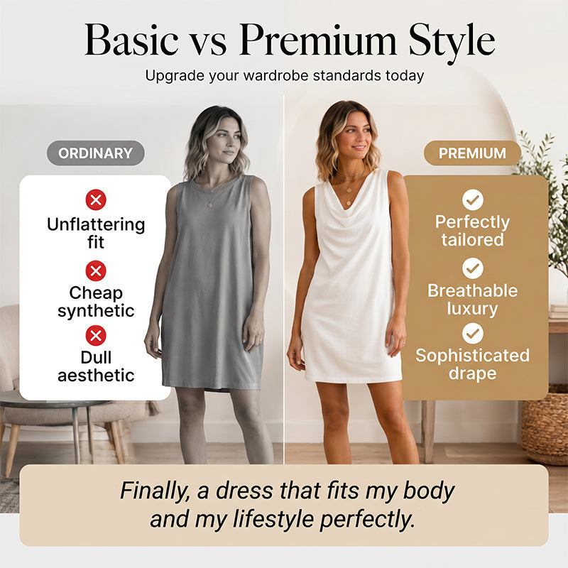 📢📢50% OFF !! ⏰ Elegant Slim Fit Cowl Neck Dress – Sleeveless, Side Pockets, Versatile ✨