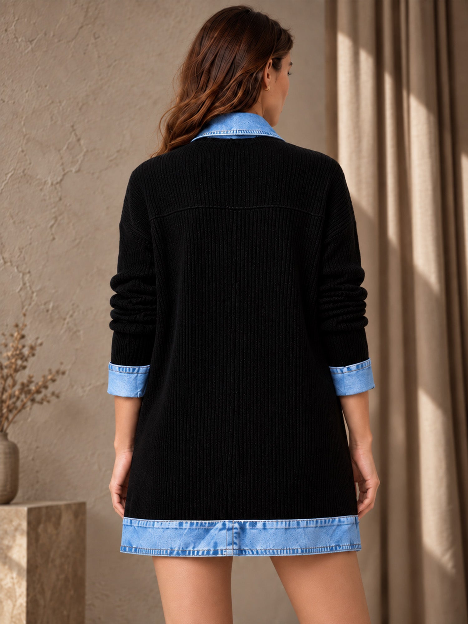 ⌛Limited-Time Offer-Women’s Elegant Denim Spliced Ribbed Knit Coat