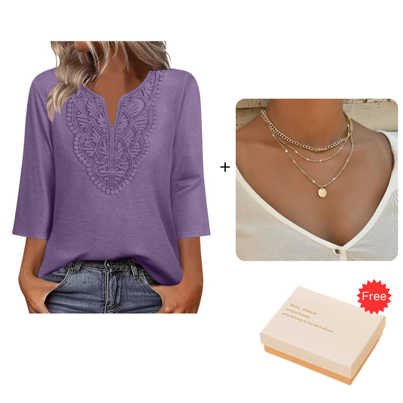 ☀️👚Top Pick - Lace-Trim V-Neck Blouse – Breathable Fabric & Flattering Drape for Work or Weekend 🌿