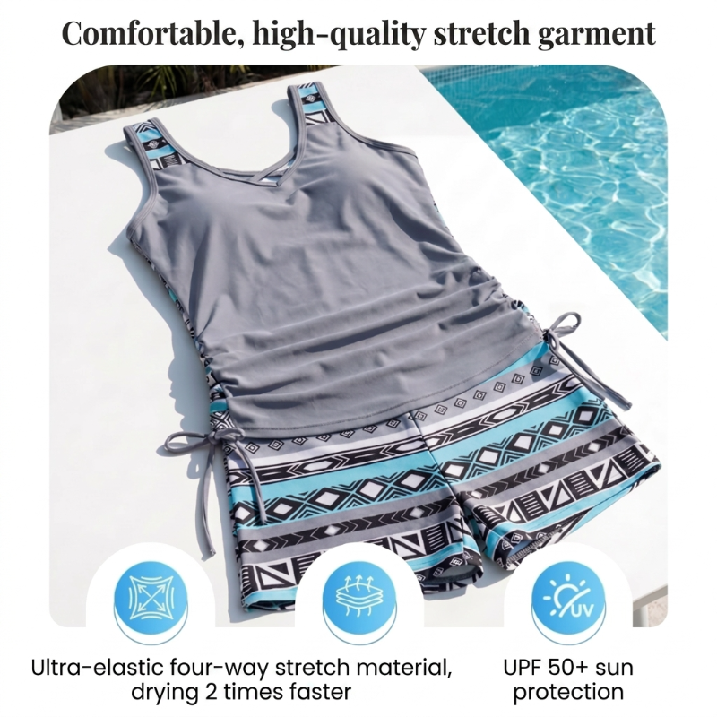 ⏰50% OFF!!!🌊Women's Tummy Control Tankini Set with Built-In Bra – Flattering Boho Swimwear with Shorts