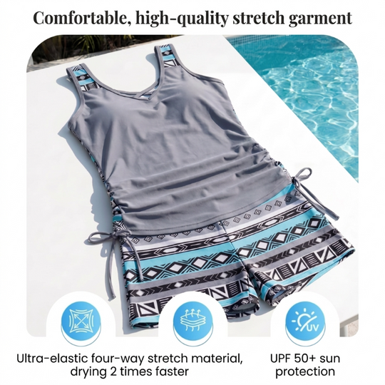 ⏰50% OFF!!!🌊Women's Tummy Control Tankini Set with Built-In Bra – Flattering Boho Swimwear with Shorts
