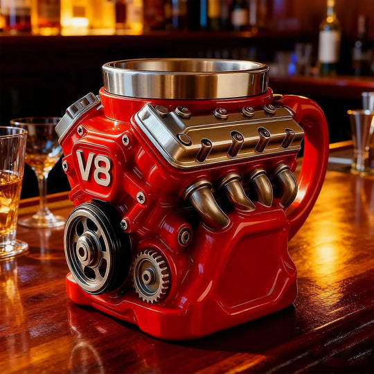 Retro motor koffiemok, V8 motoren roestvrijstalen beker