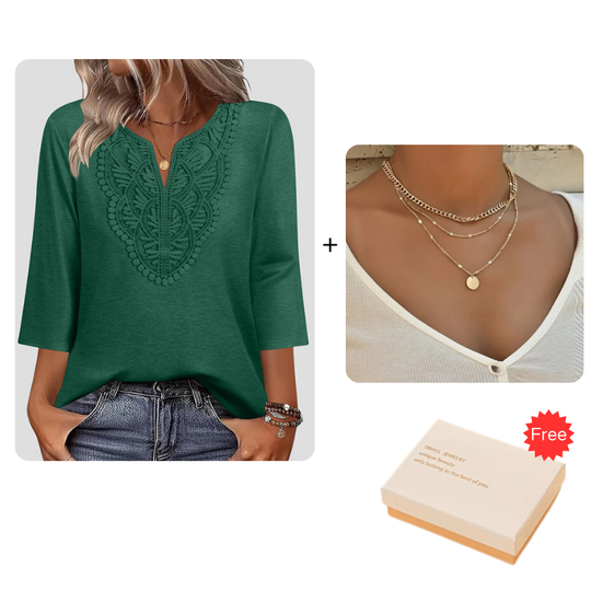 ☀️👚Top Pick - Lace-Trim V-Neck Blouse – Breathable Fabric & Flattering Drape for Work or Weekend 🌿