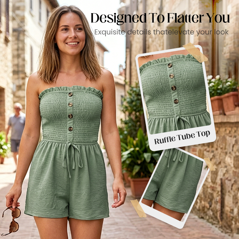 👗 LIMITED-TIME 50% OFF! 💐Women's Strapless Frill Trim Shirred Tie Front Wide Leg Tube Romper
