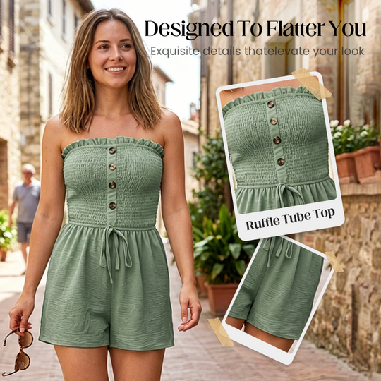 👗 LIMITED-TIME 50% OFF! 💐Women's Strapless Frill Trim Shirred Tie Front Wide Leg Tube Romper