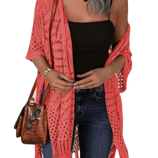 Women’s Oversized Knit Cardigan – Lightweight Crochet Tassel Kimono for Spring & Summer 🌸