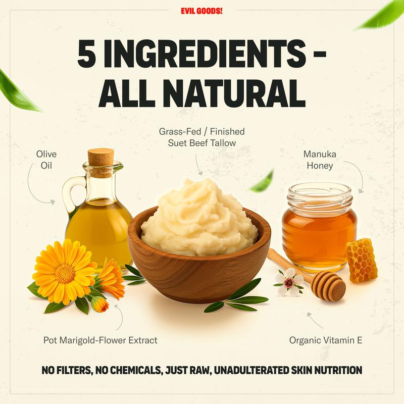 EVIL GOODS! Whipped Beef Tallow & Manuka Honey Organic Nourishing Face Cream Moisturizer Body Lotion Skin Care Lip Balm Hydrating Moisturizing 100% Natural Ingredients - Oil