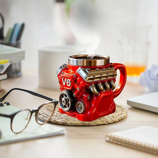Retro motor koffiemok, V8 motoren roestvrijstalen beker
