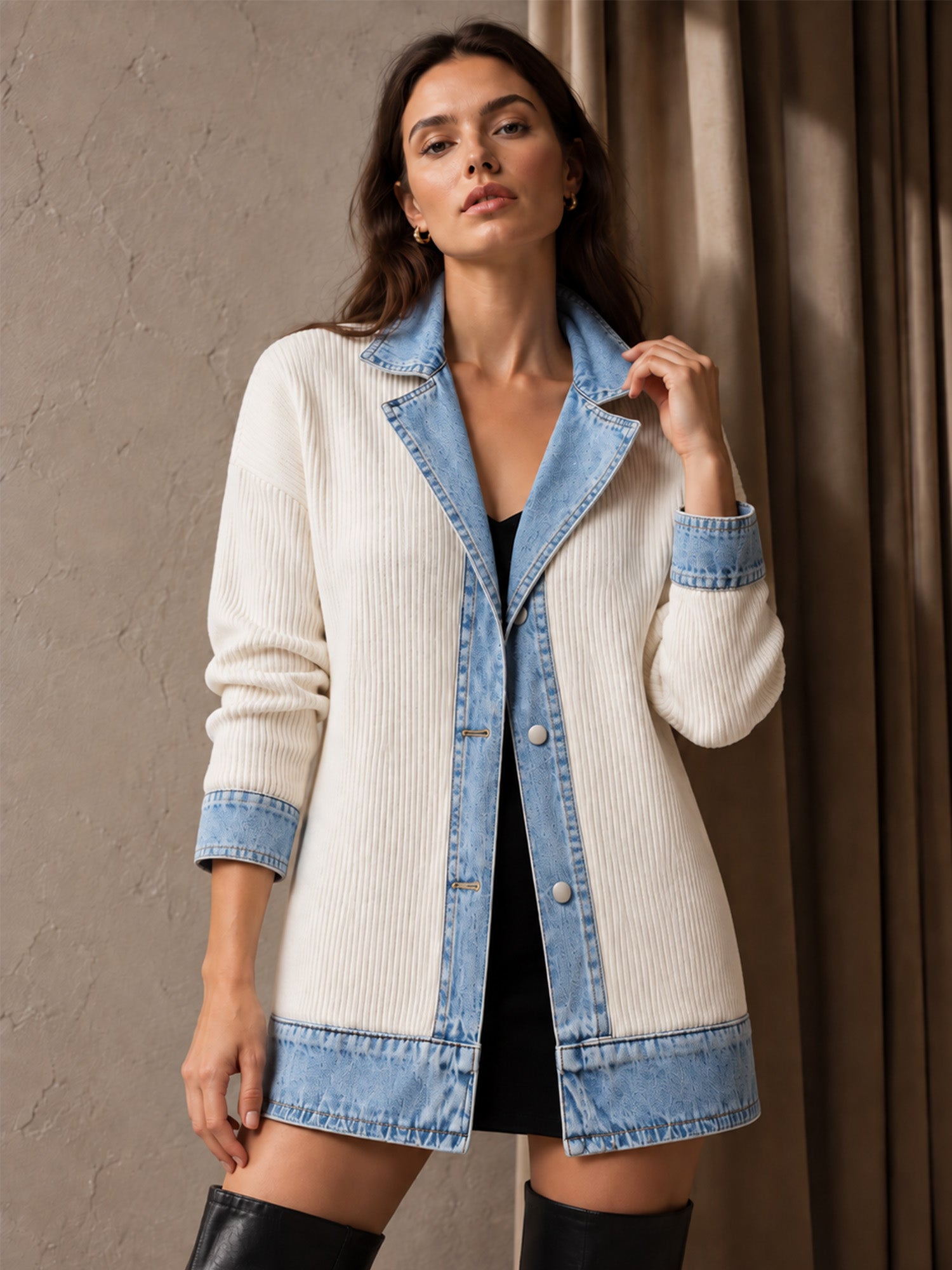 ⌛Limited-Time Offer-Women’s Elegant Denim Spliced Ribbed Knit Coat