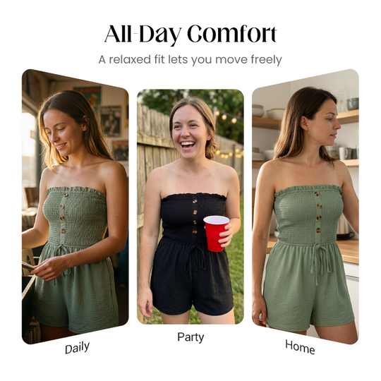 👗 LIMITED-TIME 50% OFF! 💐Women's Strapless Frill Trim Shirred Tie Front Wide Leg Tube Romper