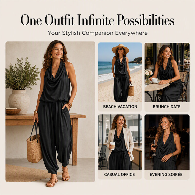 🎁New Arrivals 50% OFF💥 Sleeveless Cowl Neck Jumpsuit – Halter, Wide-Leg, Elegant 🍷