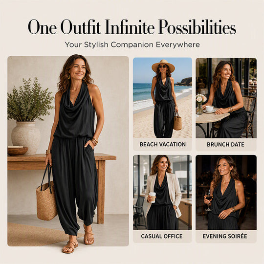 🎁New Arrivals 50% OFF💥 Sleeveless Cowl Neck Jumpsuit – Halter, Wide-Leg, Elegant 🍷