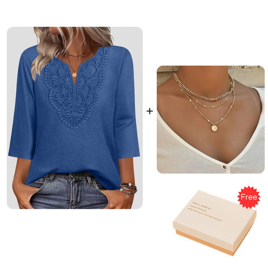 ☀️👚Top Pick - Lace-Trim V-Neck Blouse – Breathable Fabric & Flattering Drape for Work or Weekend 🌿