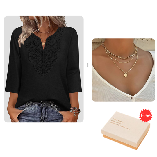 ☀️👚Top Pick - Lace-Trim V-Neck Blouse – Breathable Fabric & Flattering Drape for Work or Weekend 🌿