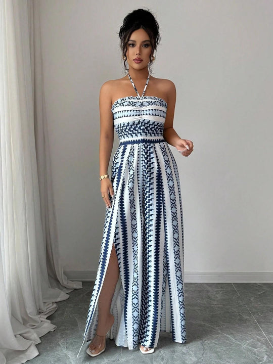 👗50% OFF NOW!💥Geometric Jumpsuit with Halter Neckline & Side Slit – Unique print & elastic back – Versatile, perfect for summer parties or resort wear ✨