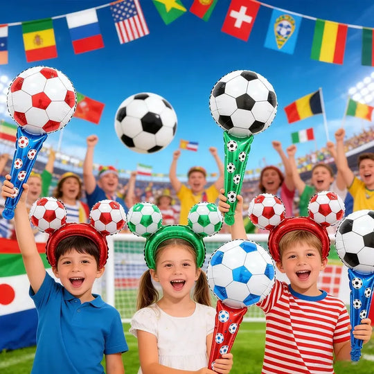 50pcs 2026 World Cup-themed Set of 4 Soccer-Shaped Headbands and 4 Handheld Cheer Sticks with Foil Balloons—World Cup Party Decorations, Props, and Photo Backdrops