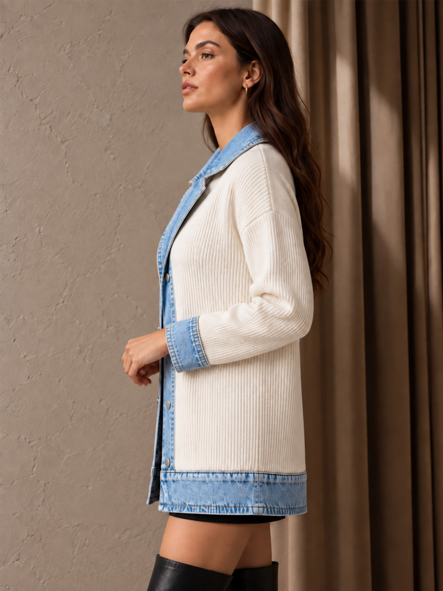 ⌛Limited-Time Offer-Women’s Elegant Denim Spliced Ribbed Knit Coat