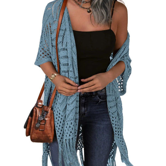 Women’s Oversized Knit Cardigan – Lightweight Crochet Tassel Kimono for Spring & Summer 🌸