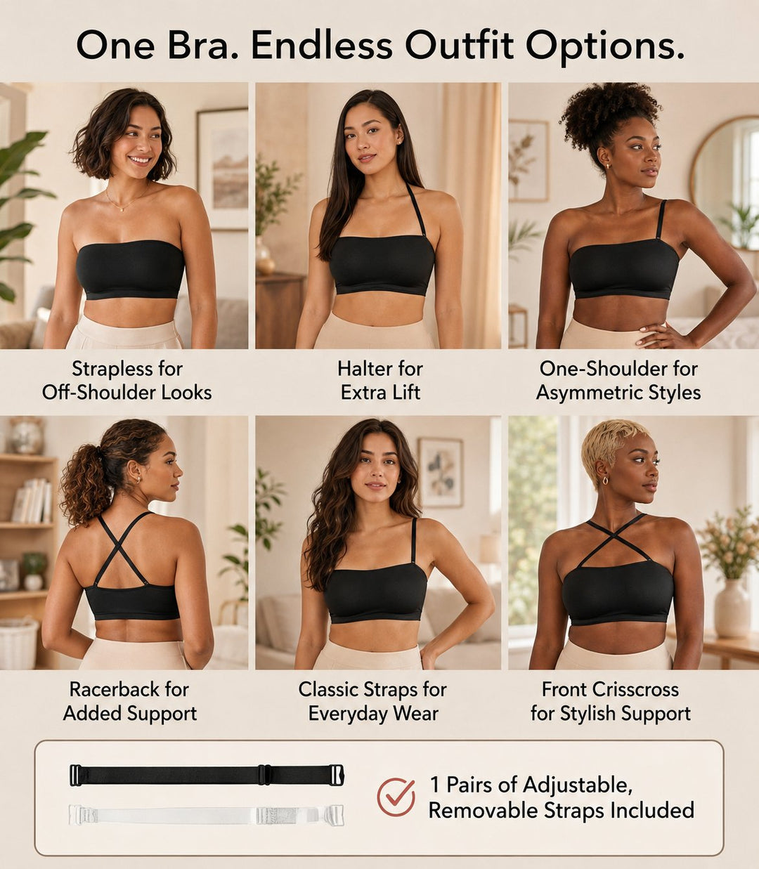 🔥Anti-Slip Grip & Removable Straps✨Convertible Strapless Bandeau Bra with Wireless Comfort👍Suitable for All Body Types